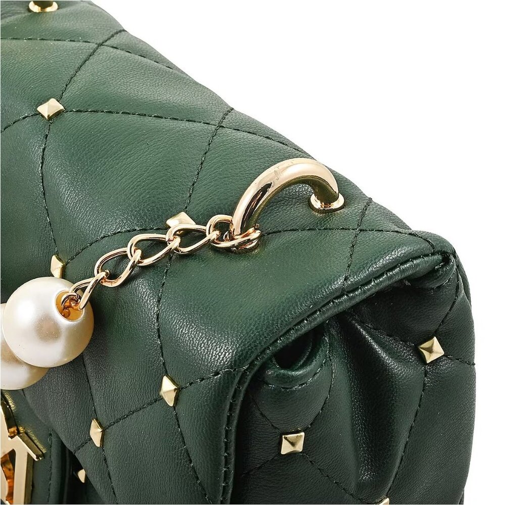 Badgley Mischka ✦ Pearl Crossbody Bag ✦ Green Quilted Vegan Leather Studded Flap - Picture 4 of 7